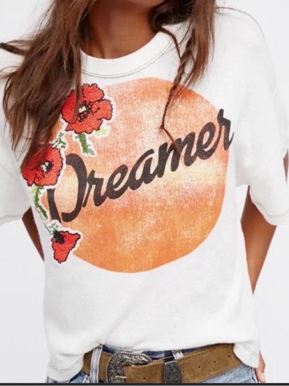 We The Free People Dreamer Tee T Shirt Small Floral Stitch Embroidery Raw Edges